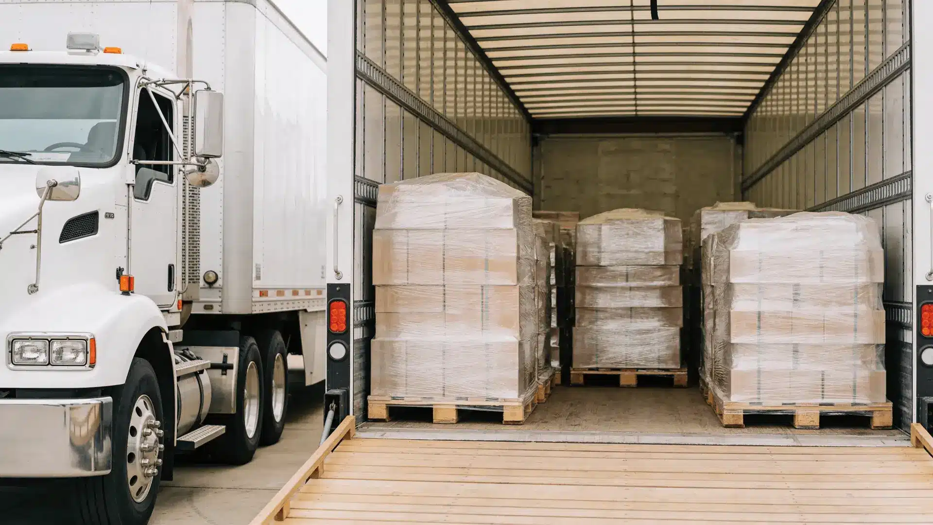 Palletized LTL freight wrapped in plastic inside a semi trailer at a loading dock